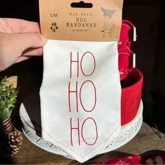 NEW 4 Pc SET - DECK THE PAWS - Rae Dunn Pet Bowl, Bandana, & 2 squeaky Bone Toys - Picture 6 of 14